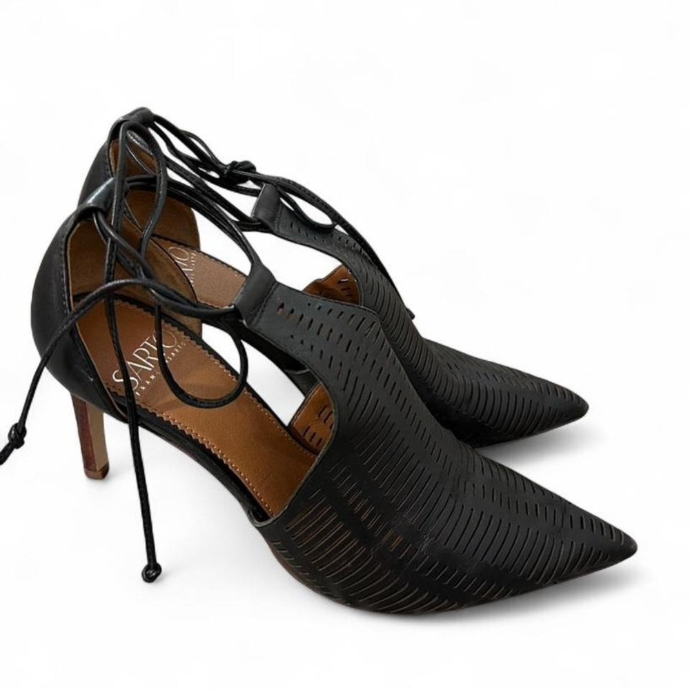 Franco Sarto Black Pointed Toe Lace Up Heels Chic Ankle tie Pumps